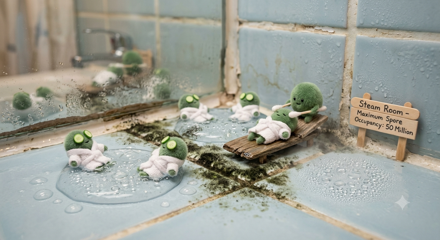 Fuzzy cartoon spores in bathrobes relaxing in a moldy shower corner, next to a sign reading Steam Room, Maximum Spore Occupancy: 50 Million