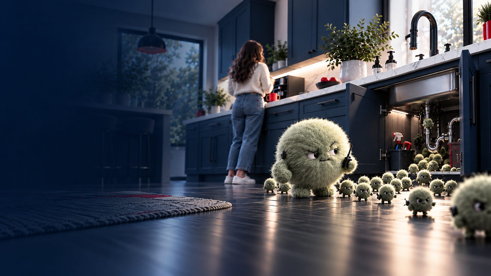 Mold spore characters marching out from under a kitchen sink while a homeowner makes coffee